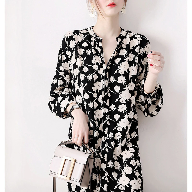 新款女装单排扣裙子碎花小翻领五分袖直筒轻熟风连衣裙女8255