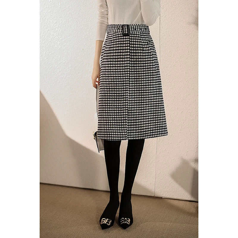新款黑白毛呢格子半身裙女秋冬高腰显瘦a字复古中长款半裙0065