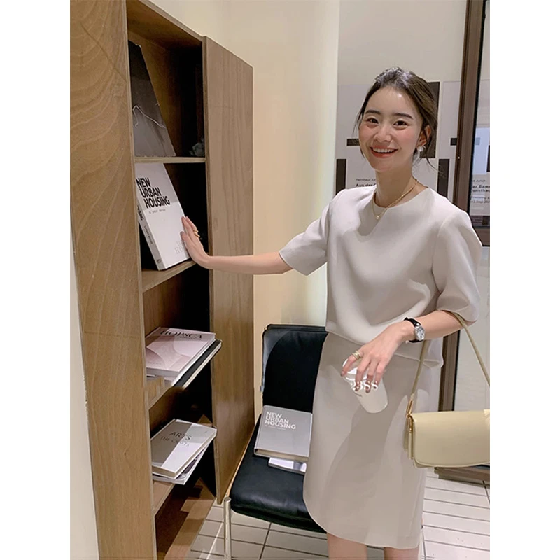 小香风圆领短袖气质名媛上衣女新款2024高腰显瘦半身裙二套装7426