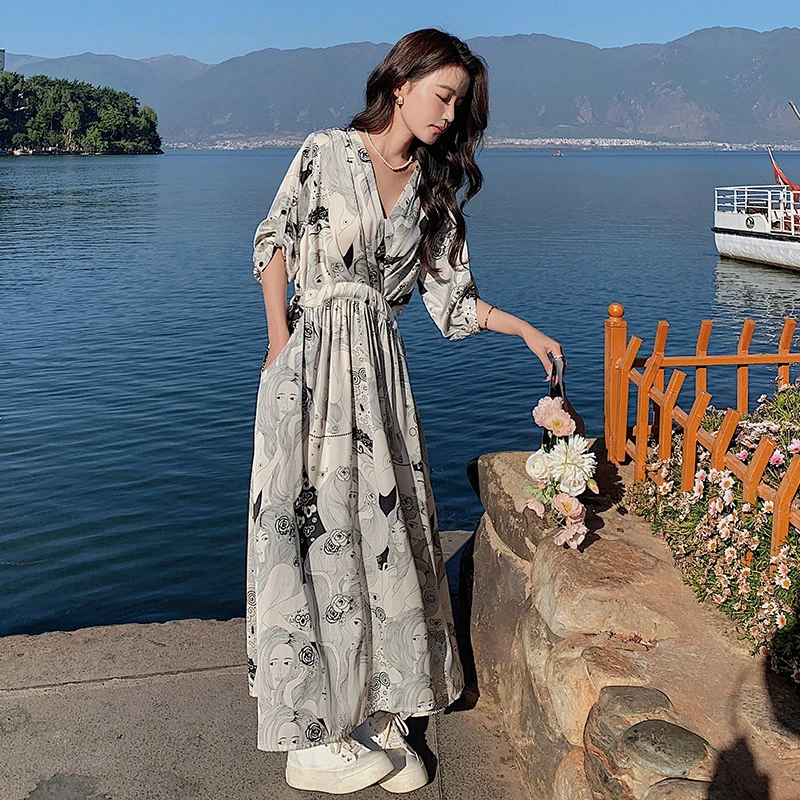 新款单件A字花色通勤七分袖高腰V领减龄气质百搭连衣裙5130