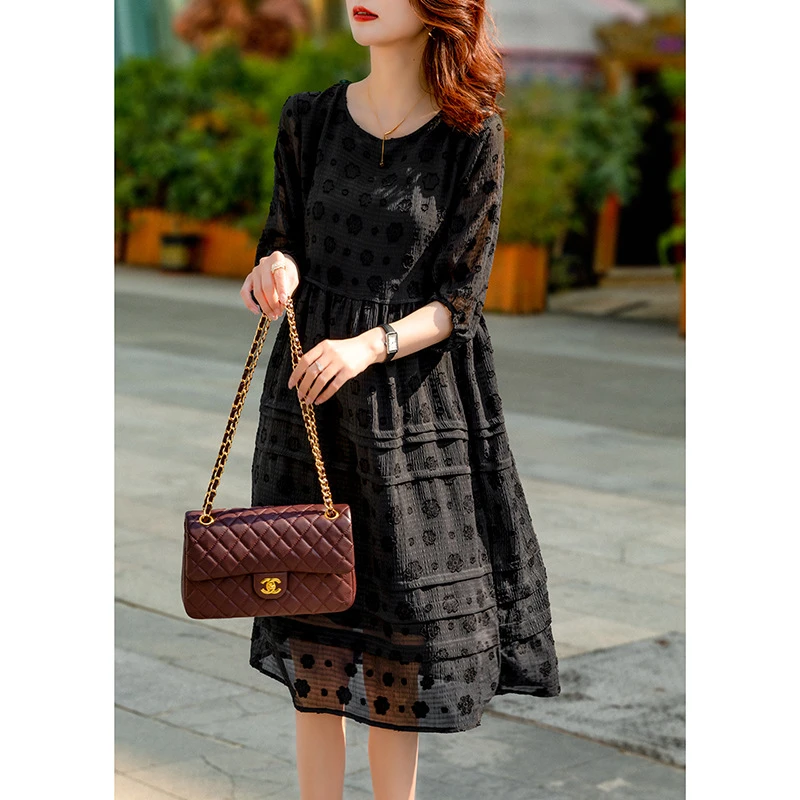 小众复古设计提花灯笼袖连衣裙新款宽松显瘦温柔中长裙子2961