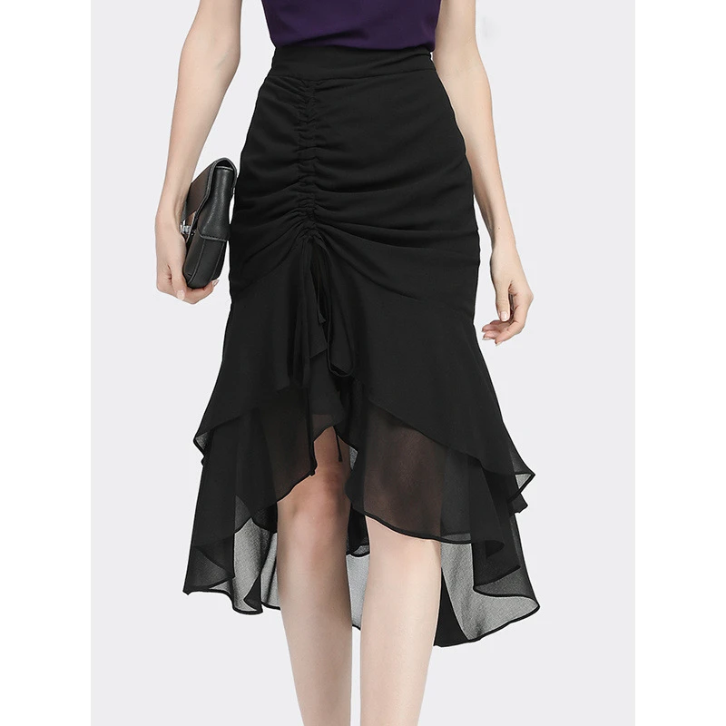 黑色鱼尾裙半身裙女时尚高端气质纱裙设计感小众褶皱裙子0214