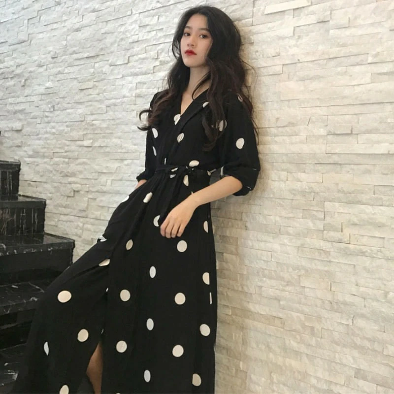小众连衣裙流行复古波点收腰显瘦高级感中长连衣裙1264