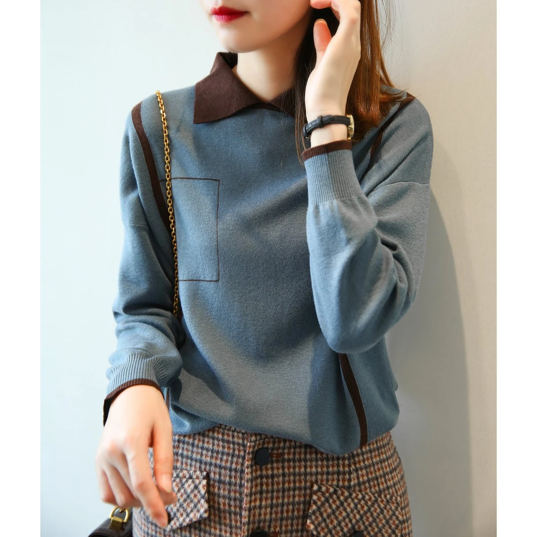 针织上衣气质日系撞色复古假两件套头秋冬长袖毛衣女3160