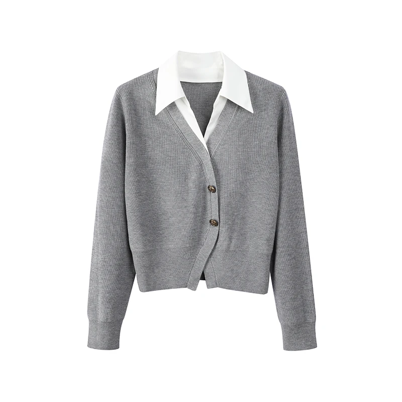 时尚百搭设计款翻领假两件套头针织上衣8582