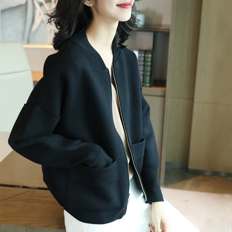 复古棒球服新款韩版宽松长袖百搭外套休闲气质黑色上衣女3680