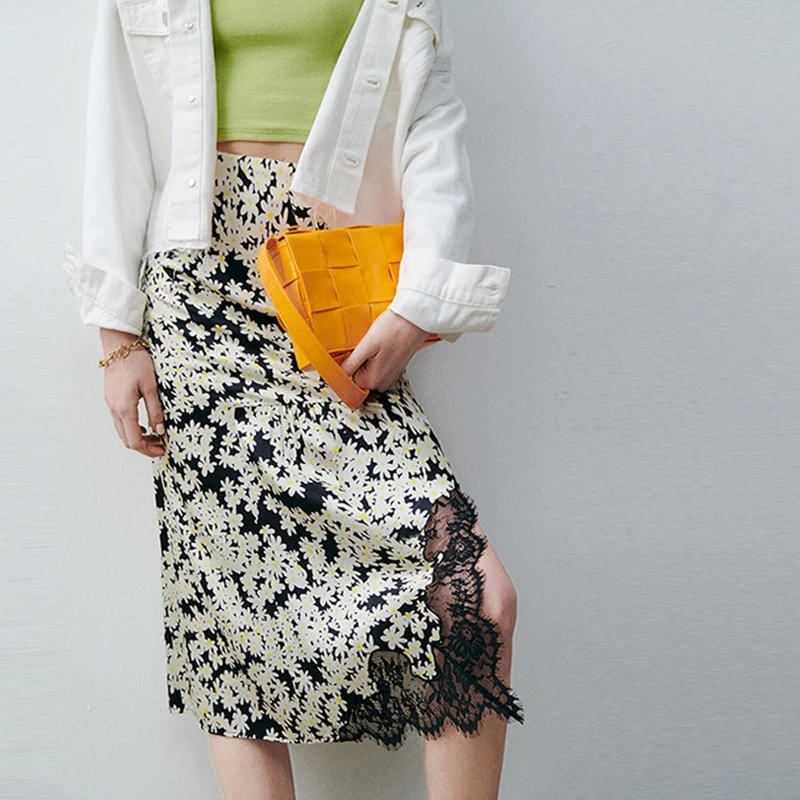 新款小雏菊碎花不规则蕾丝边小个子设计感开衩半身裙0127