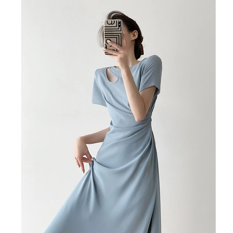 格雷灰系短袖高级感连衣裙新款气质打褶收腰直筒连衣裙0229