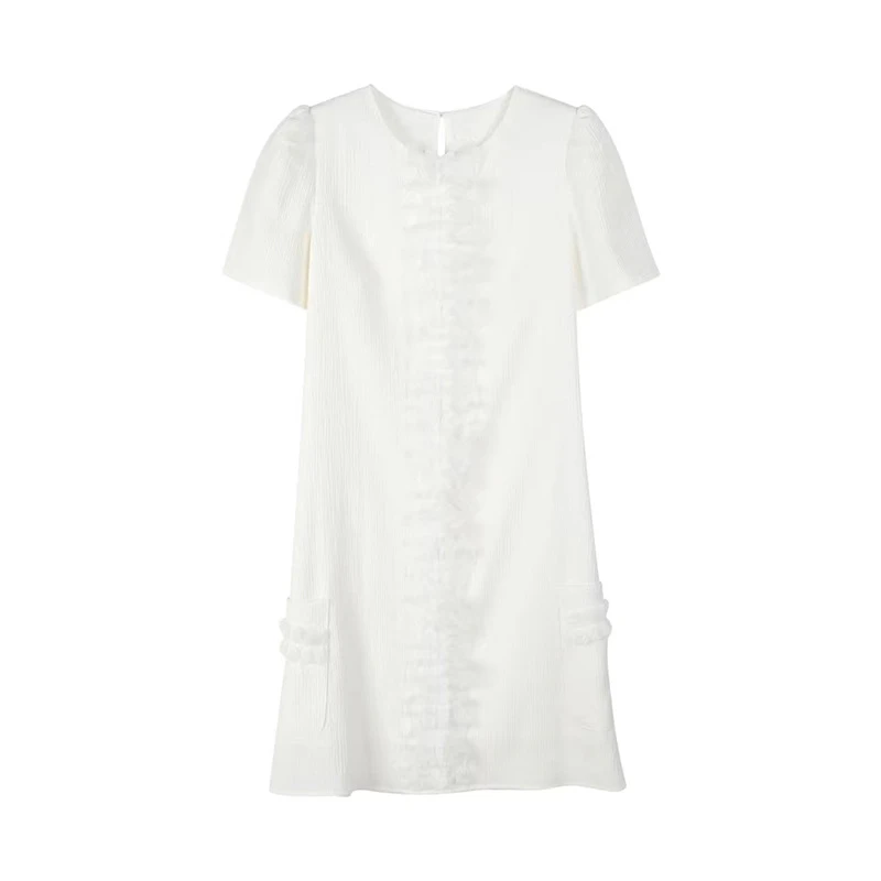 设计感荷叶边圆领短袖白色连衣裙女新款2024气质显瘦中长裙子1768