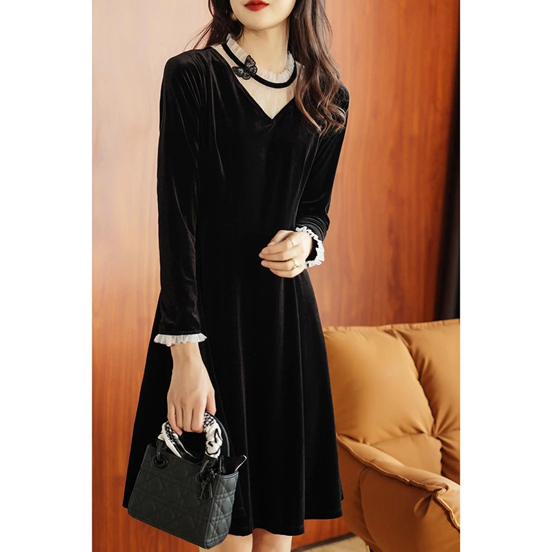 新款秋冬连衣裙纯色法式名媛优雅气质假两件别致设计感裙子女0474