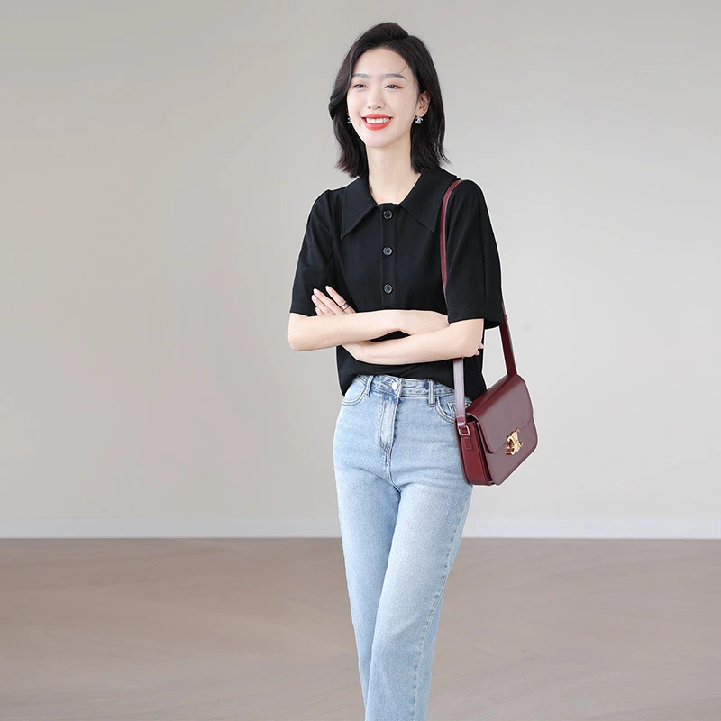 新款纯色时髦时尚气质小尖领拼接袖清爽百搭短袖T恤女0109