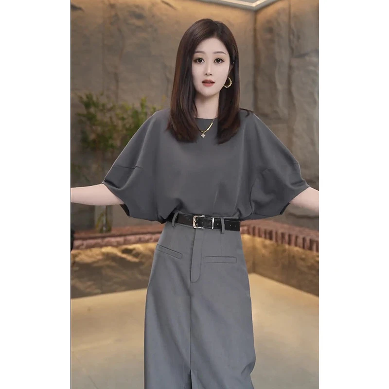 圆领短袖T恤女士新款简约通勤上衣收腰开叉半身裙两件套5765