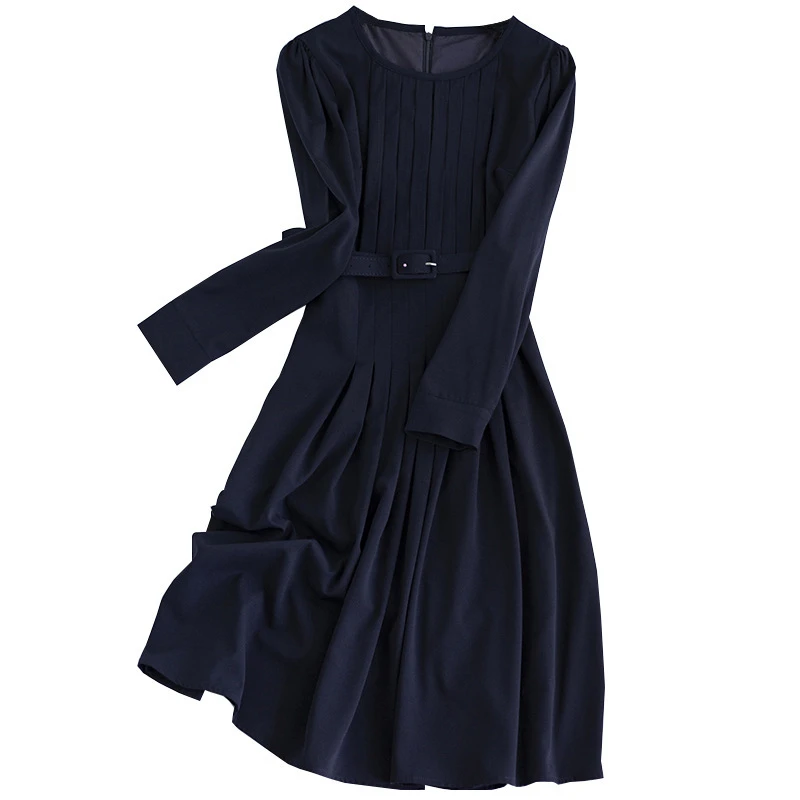 新款纯色长袖连衣裙女感圆领气质收腰法式别致中长裙0258