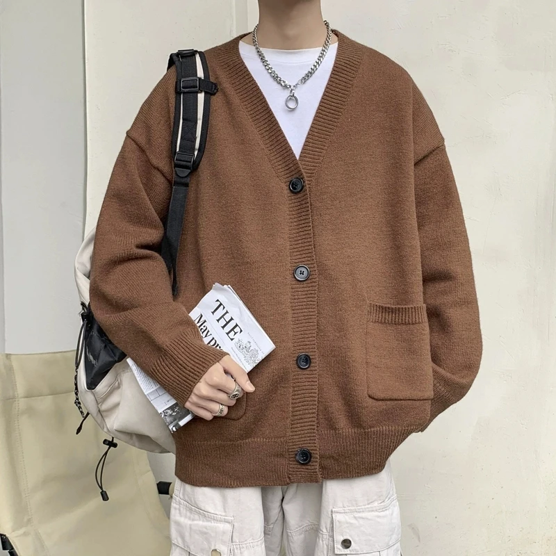 港风复古开衫毛衣男春季新款日系原宿休闲长袖V领纯色针织衫外套