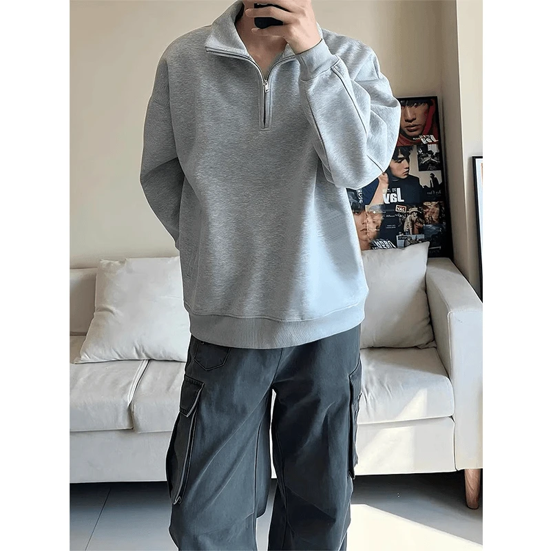 美式复古花灰色半拉链卫衣男款春秋潮牌cleanfit翻领休闲百搭外套