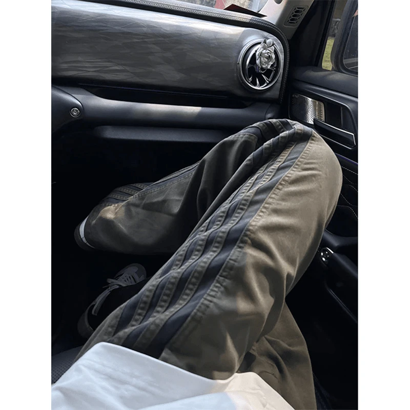 三道杠条纹裤子男款春秋季美式高街运动休闲裤cleanfit直筒工装裤