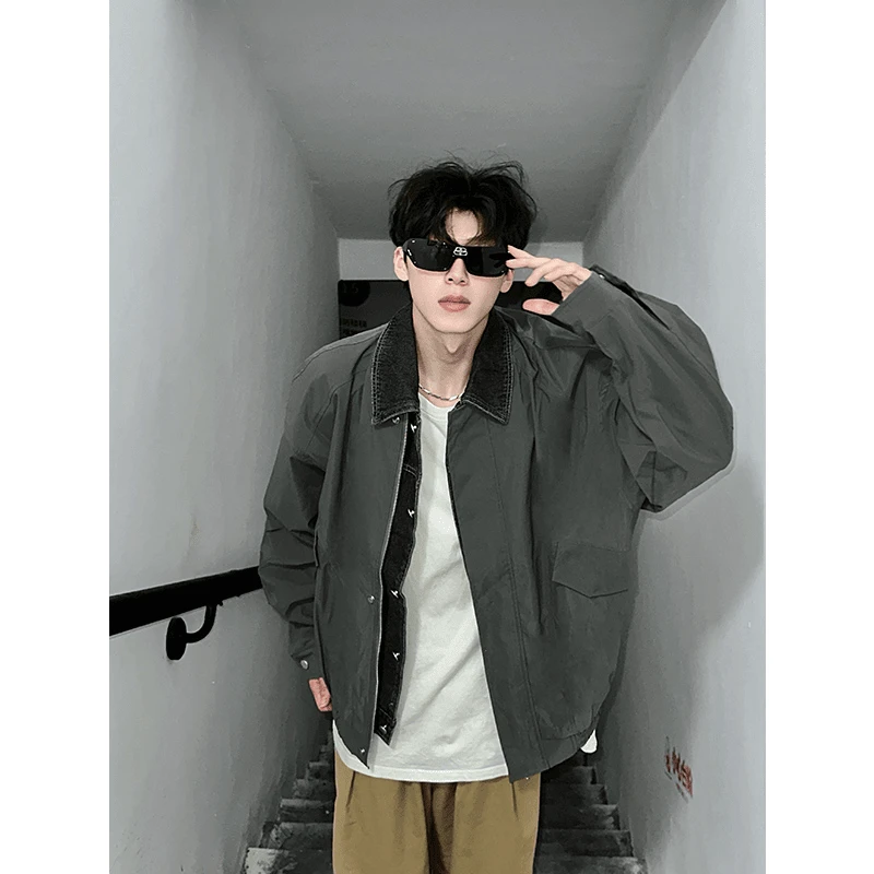 美式高街痞帅夹克男秋季潮牌复古百搭外套青少年潮流翻领休闲上衣