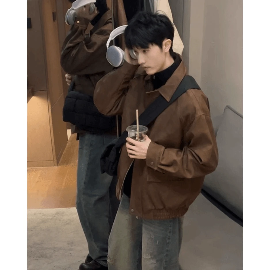 美式高街棕色麂皮绒外套男高级感秋季cleanfit短款飞行员潮流夹克