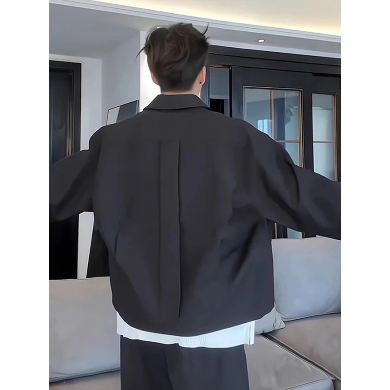 黑色外套男款春秋季高级感痞帅上衣美式复古ins潮牌翻领短款夹克