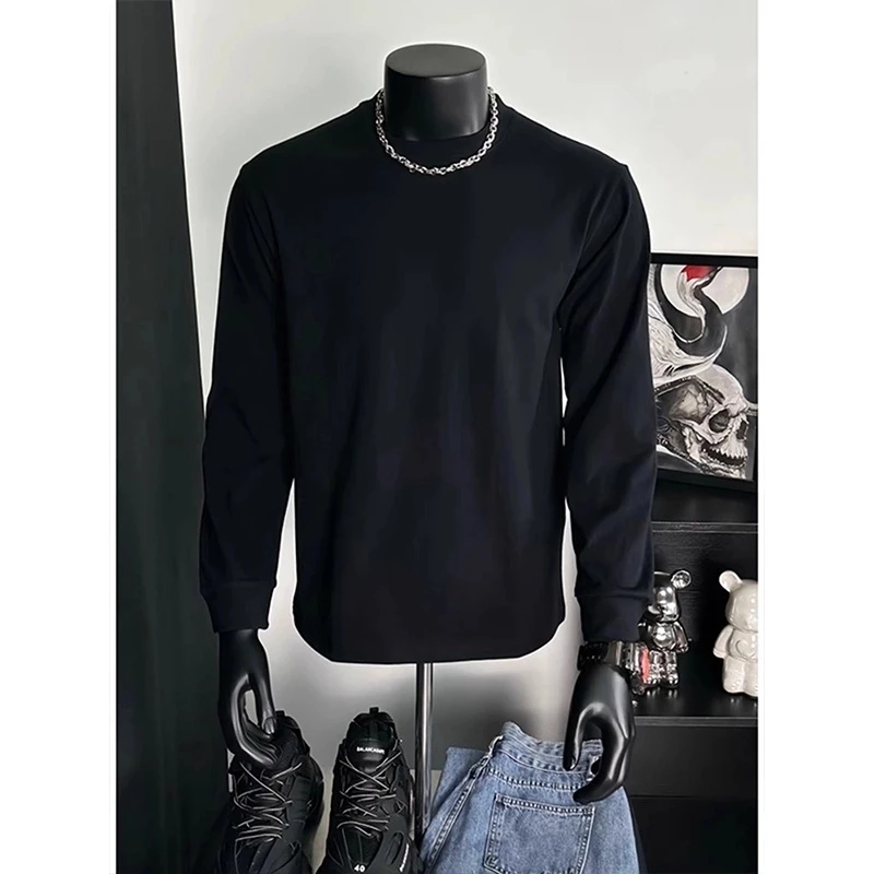 黑色长袖t恤男款春秋季小领口打底衫cleanfit高级感痞帅修身卫衣