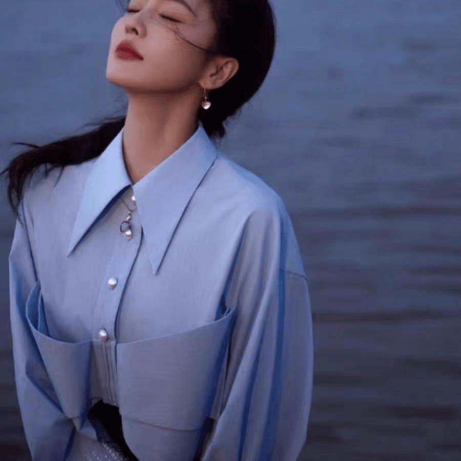 小清服饰店2024春季白鹿同款新款蓝色蝴蝶结衬衣