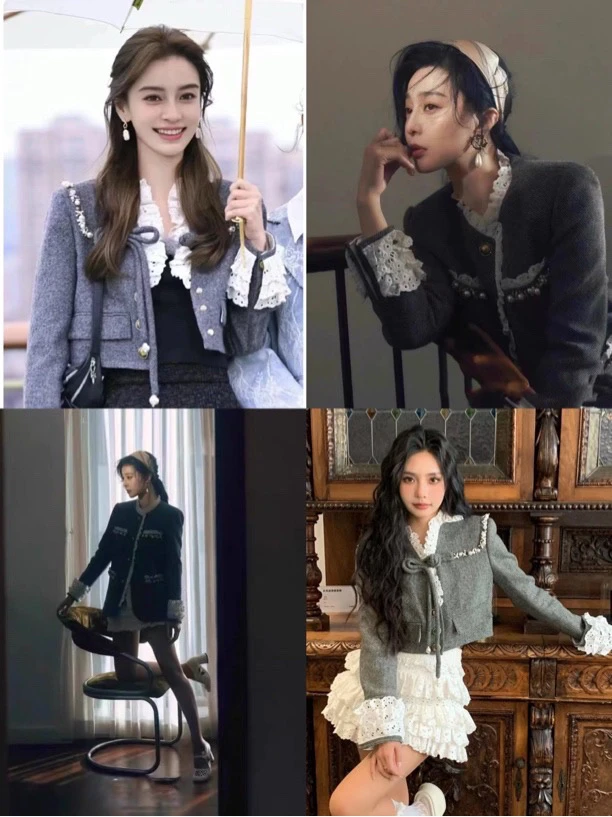 小清服饰BaBy范冰冰同款2023秋冬人字纹灰色短款中款长款上衣半裙