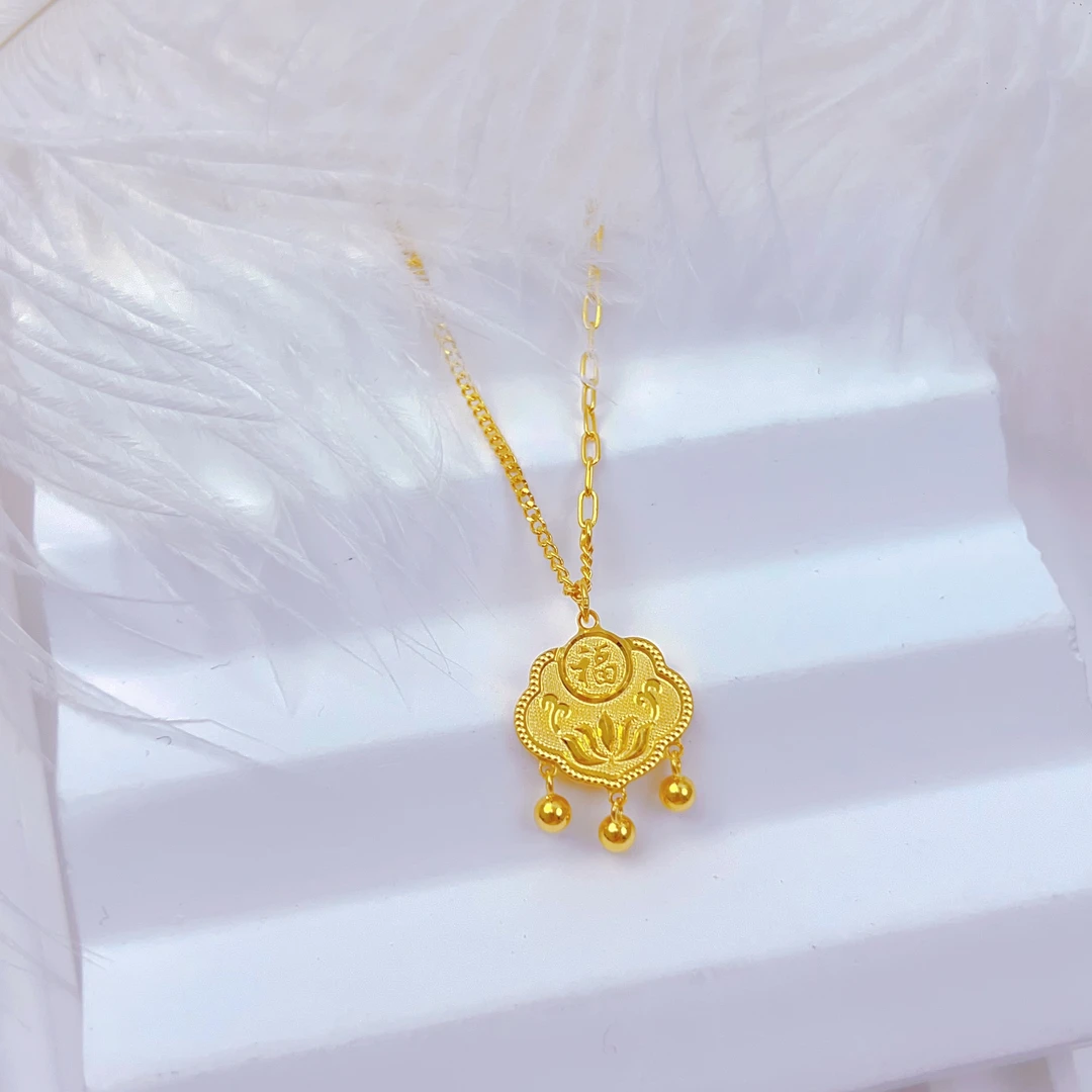 足金999莲花福字套链轻奢时尚百搭古法精致镶嵌祥云锁坠链宝宝