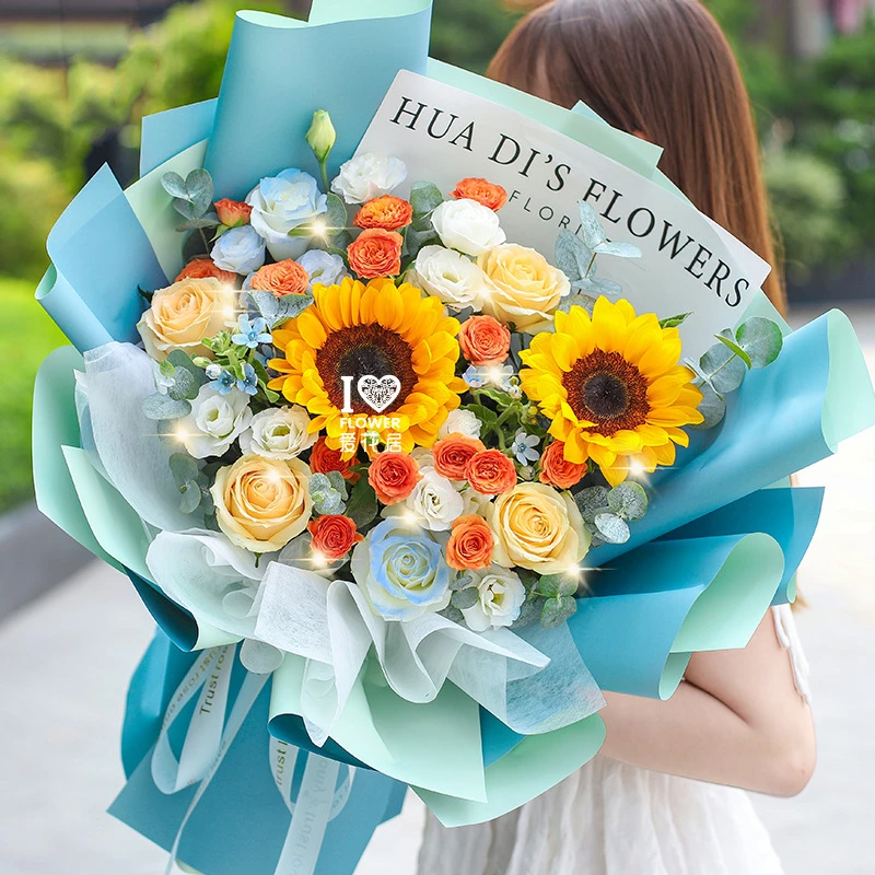 【向阳而生】2枝向日葵玫瑰花束送学生送老师送朋友送长辈生日祝福感谢鲜花直播同城配送外卖小时达冬日