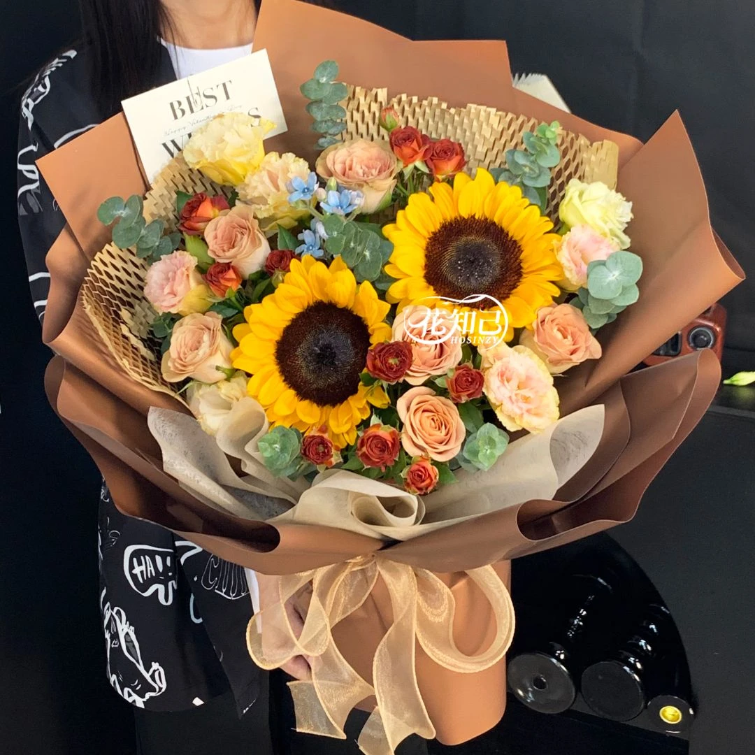 中国风祝福 『2朵向日葵6朵卡布玫瑰混搭花束』教师节花束送老师谢师宴鲜花祝福·同城骑手外卖生日小时达标品