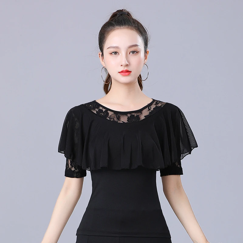 广场舞摩登舞华尔兹上衣女圆领新款舞衣荷叶边拉丁舞服装夏交谊舞