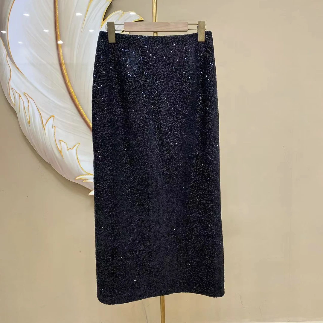 【韩姐】新款气质时尚植绒重工手缝黑色亮片半身裙百搭显瘦遮腿型
