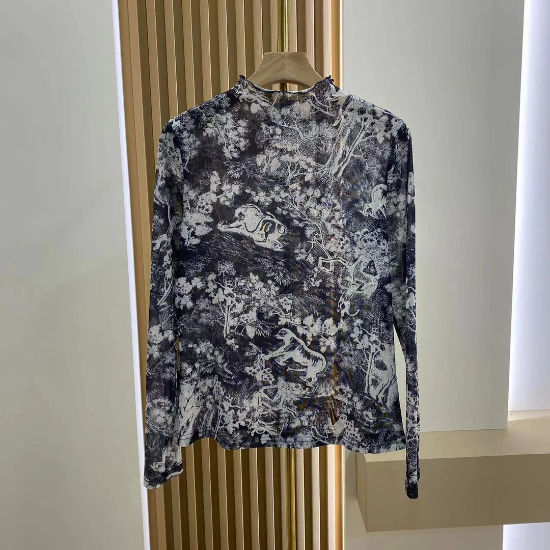 2024年春季新款水墨印花花边领长袖T恤衫女薄款百搭休闲