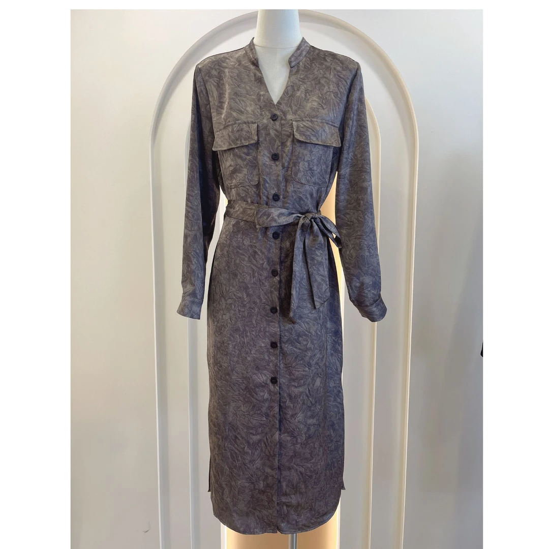 【微瑕】春季新款咖色立领醋酸单排扣系带连衣裙长袖24113