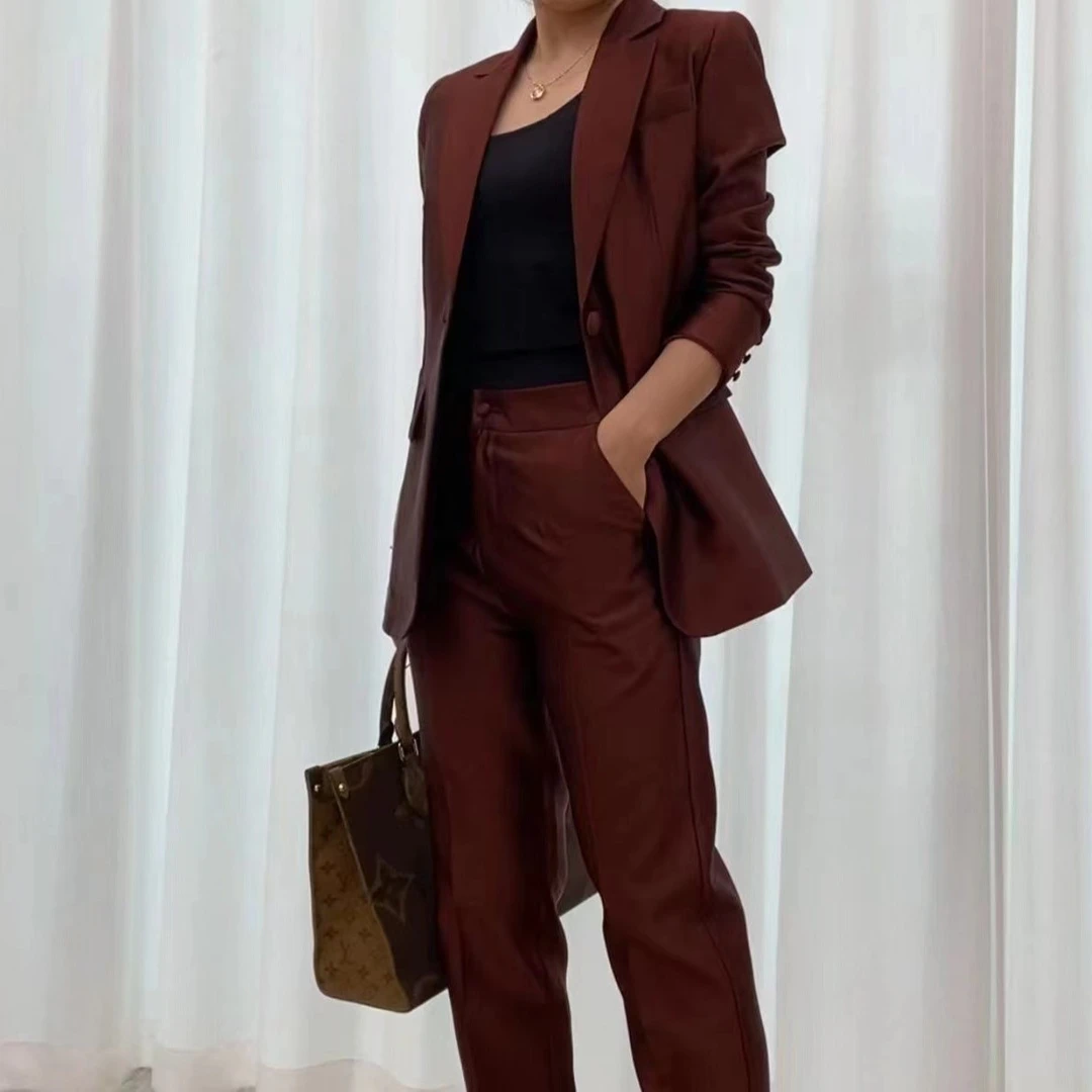春季新品高级定制气质轻奢休闲显瘦丝毛洋气长袖西装套装女士