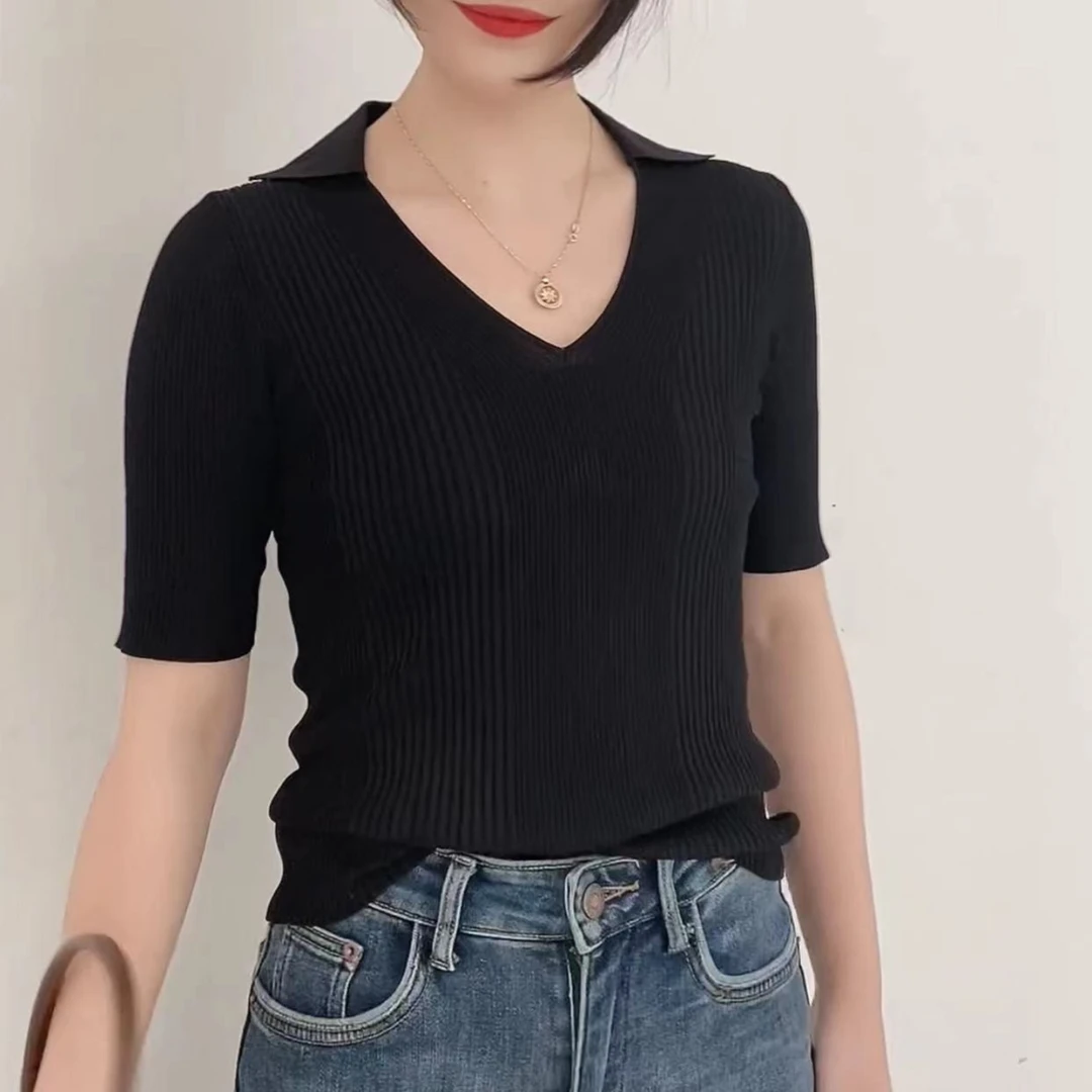 2024春季新款POLO领休闲百搭五分袖套头针织打底衫女黑色修身