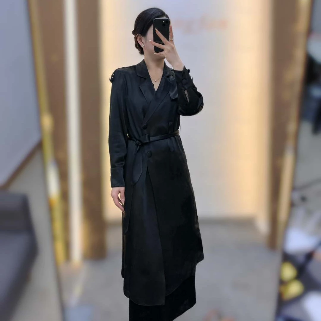 春季新款气质黑色修身四粒扣醋酸中长款长袖风衣外套女士2583