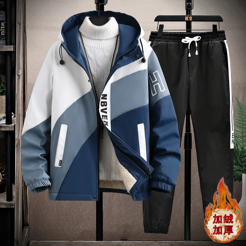 青少年2023秋冬季外套时尚休闲加绒加厚夹克套装学生百搭帅气上衣