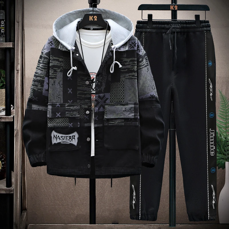 青少年连帽男士牛仔夹克韩版潮流宽松拼色帅气大童学生字母外套