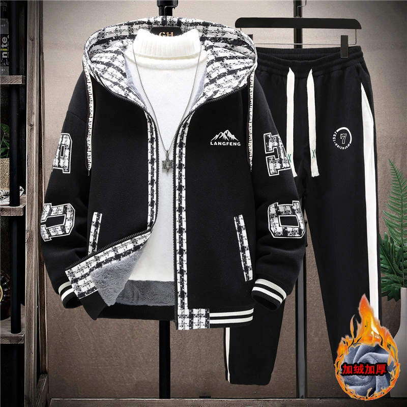 青少年秋冬季加绒加厚连帽外套韩版潮流时尚休闲保暖学生夹克套装