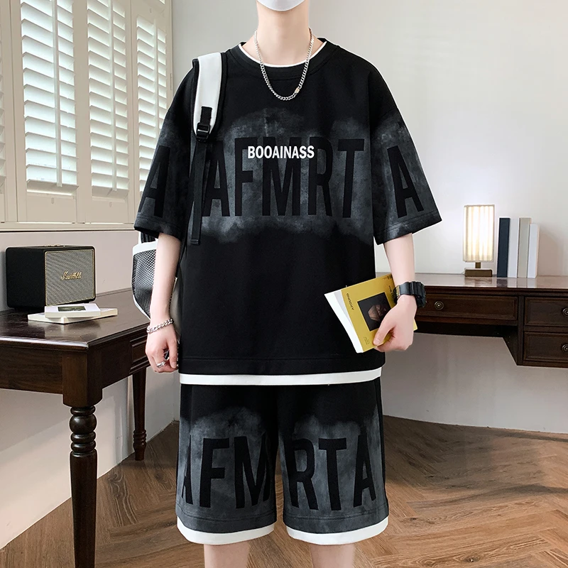 男士短袖T恤套装2024夏季港风青少年潮流时尚帅气百搭休闲两件套