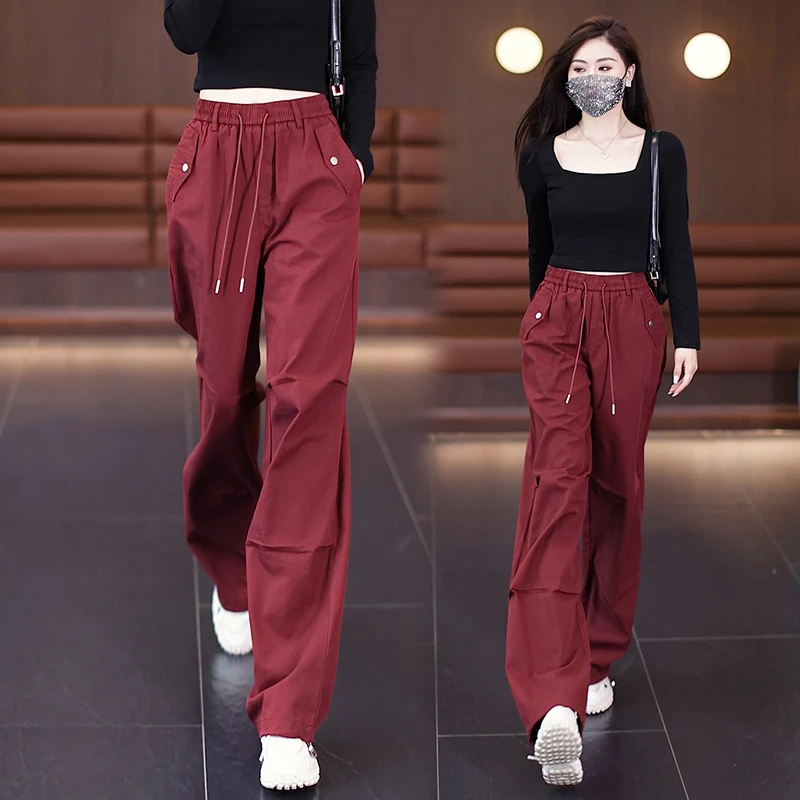 红色美式工装裤女2024春秋季新款宽松多口袋休闲运动直筒阔腿裤子