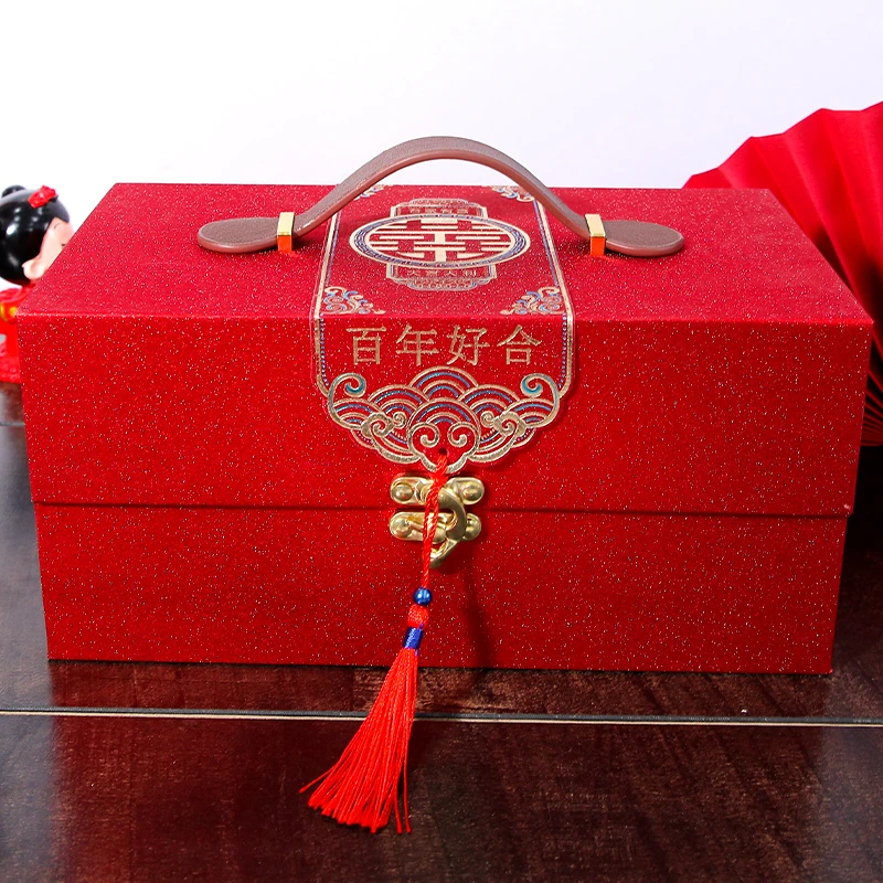 结婚彩礼金盒新娘陪嫁箱结婚红色箱子礼金彩礼箱