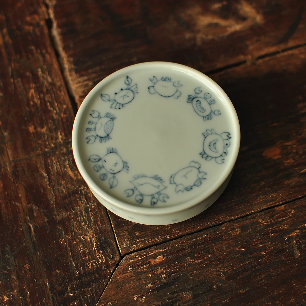 景德镇顽古手工手绘小盖置螃蟹八方来财八方来钳