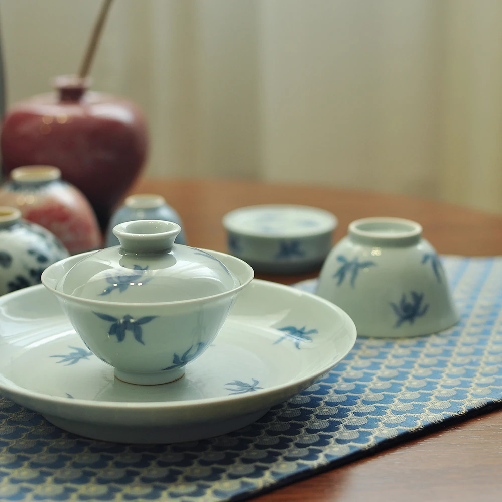 景德镇仿古泥仿古釉手工手绘釉下青花玉兰花盖碗壶承主人杯