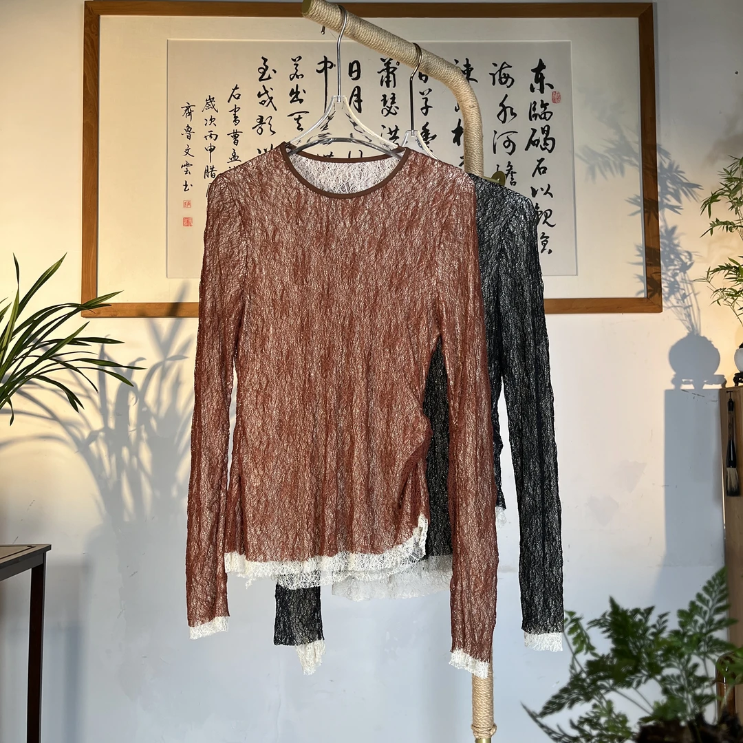 【泓秋】蕾丝双层打底衫2024秋新款遮肉显瘦百搭宽松秋冬长袖套头