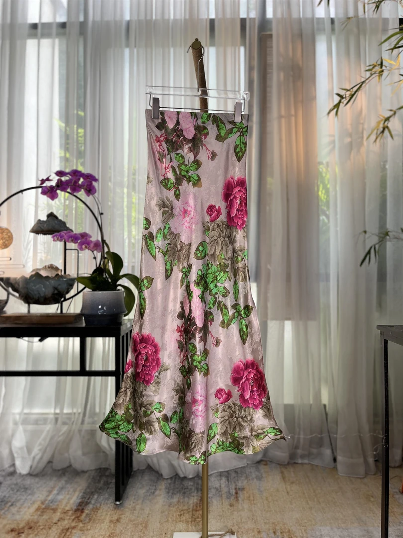 【锦绣】国风重磅醋酸夏季复古显瘦气质百搭斜裁中式女装半身裙