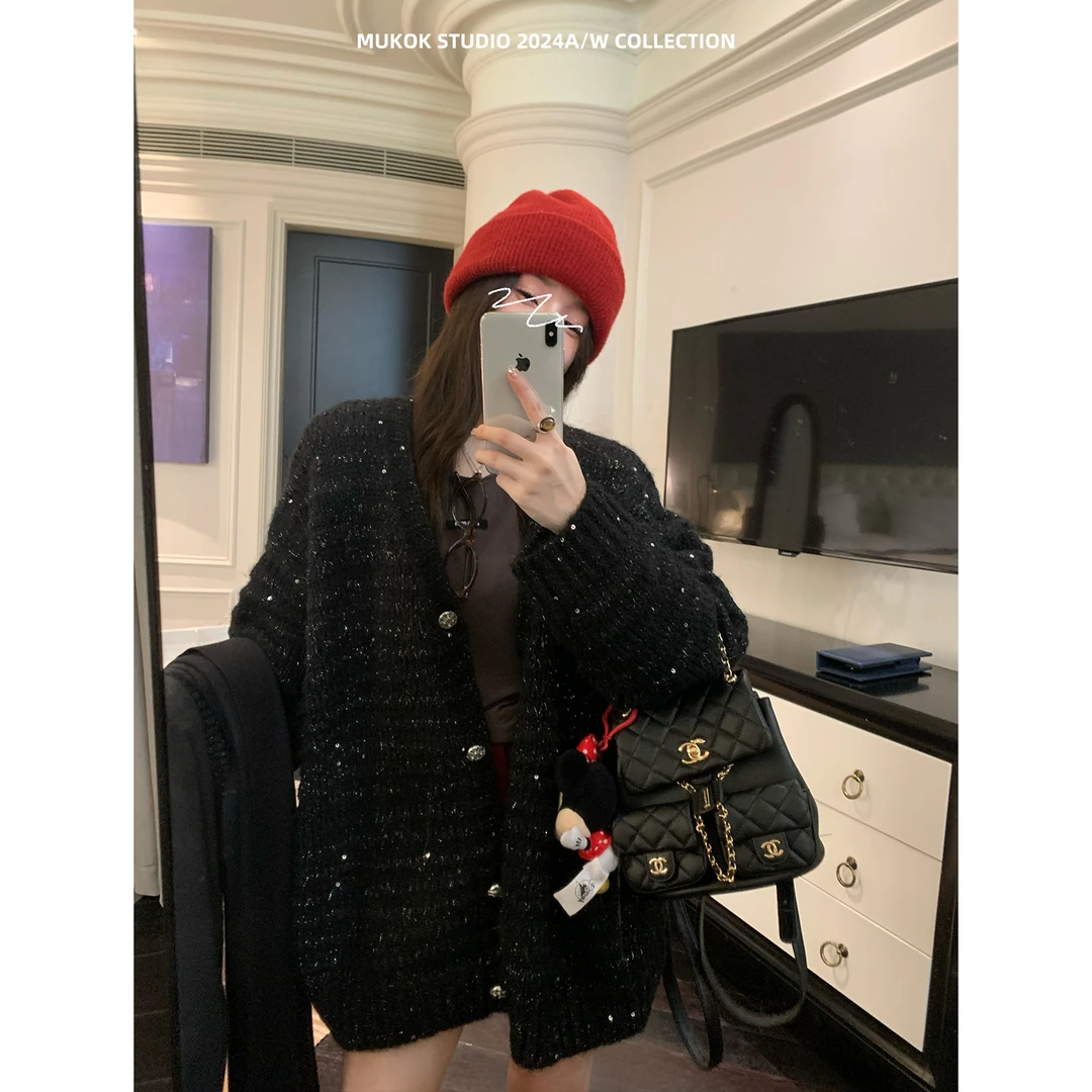 MUKOK纸醉金迷~ 时尚设计感小香风闪闪开衫毛衣显瘦黑色针织外套