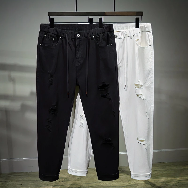 大码男士时尚破洞高弹夏季薄款小直筒牛仔裤百搭880潮流牛仔裤