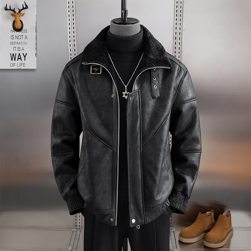 复古麂皮绒羊羔毛外套男夹克加绒加厚冬季皮毛一体大码机车皮衣潮
