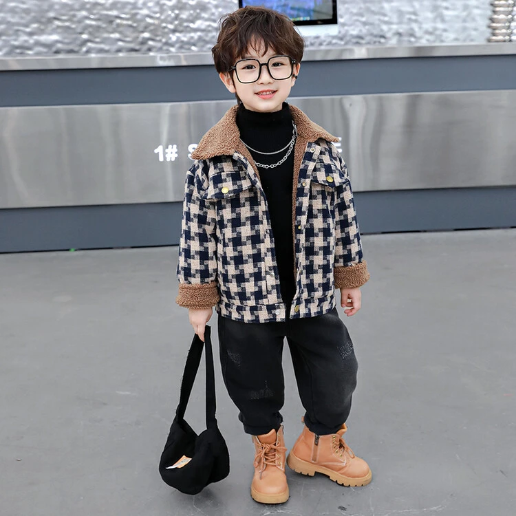 儿童秋冬格子加厚外套男童洋气宝宝呢子加绒小童毛呢休闲上衣